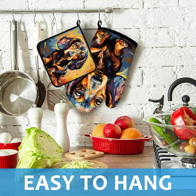 Watercolor Dog Oven Mitts and Pot Holders Sets Heat Resistant 4Pcs Potholders - Image 4