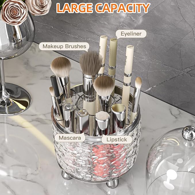 Makeup Brush Holder with Lid, 360° Rotating Cosmetic Tools Organizer with Cover - Image 3