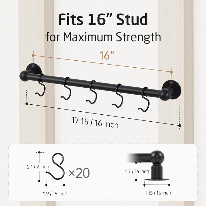 KES 110lb High-Capacity Pot Rack Wall Mounted Set of 2, 16 Inch Pot Hangers - Image 6