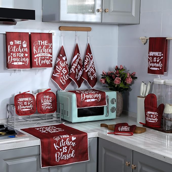 12 Pcs Farmhouse Kitchen Decor Sets 4 Red Kitchen Hand Towels 4 Dish Clothes 2 - Image 7
