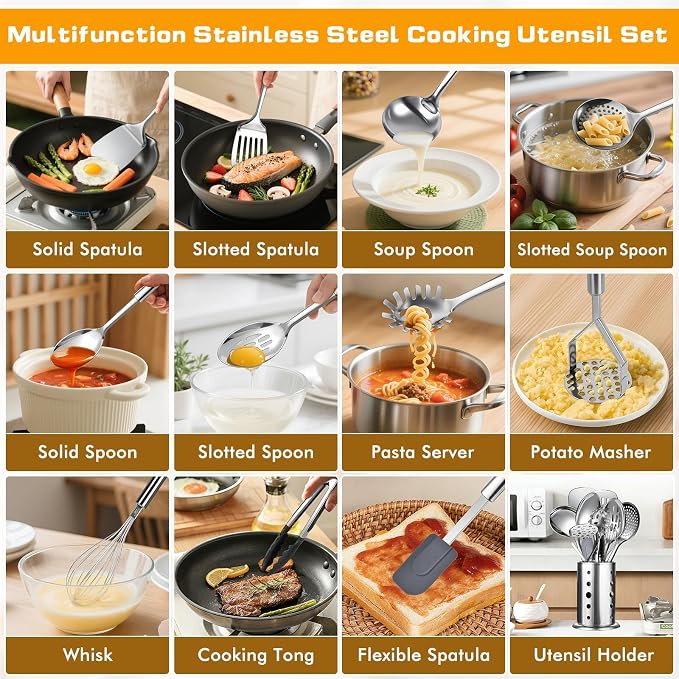 12 Pcs Stainless Steel Cooking Utensils Set, Metal Kitchen Tools Include - Image 2