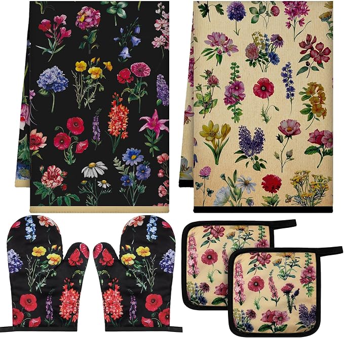 Bencailor 6 Pcs Vintage Wildflower Kitchen Towels Oven Mitts and Pot Holders by Bencailor