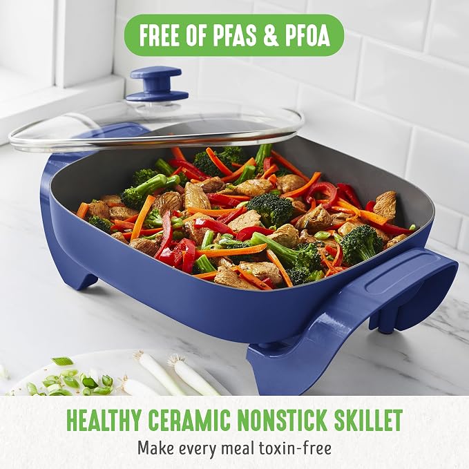 GreenLife 12" 5QT Square Electric Skillet, Glass Vented Lid, Ceramic PFAS-Free - Image 2