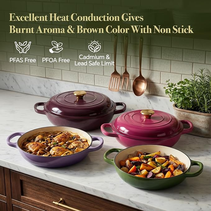 3 Quart Enameled Cast Iron Braiser, Non Stick Enameled Cast Iron Skillet - Image 2