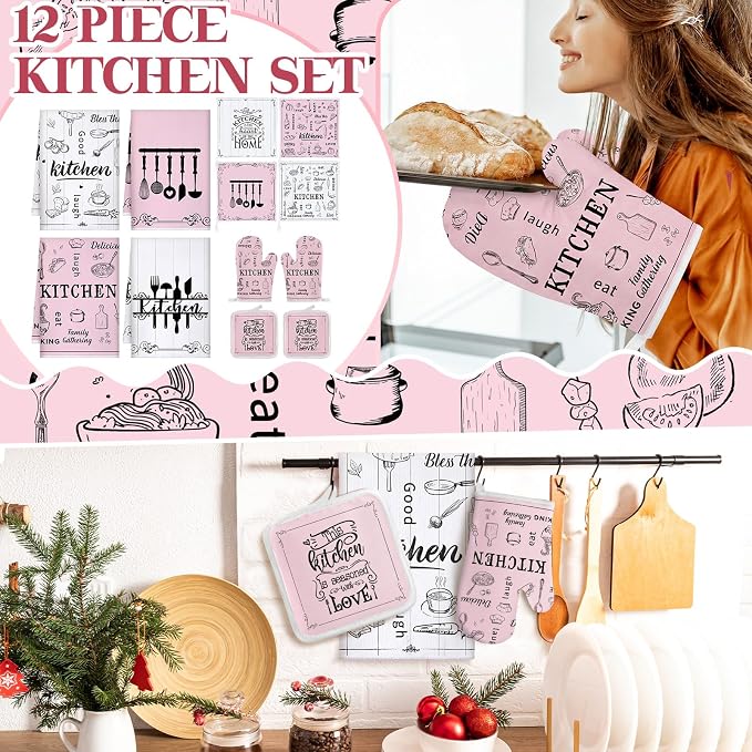 12 Pcs Farmhouse Pink Kitchen Decorations Sets 4 Pink and White Kitchen Towels - Image 2