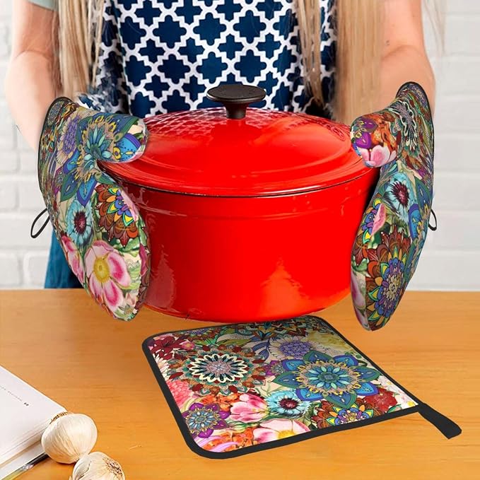 Boho Floral Oven Mitts and Pot Holders Sets, Heat Resistant Colorful Kitchen - Image 7