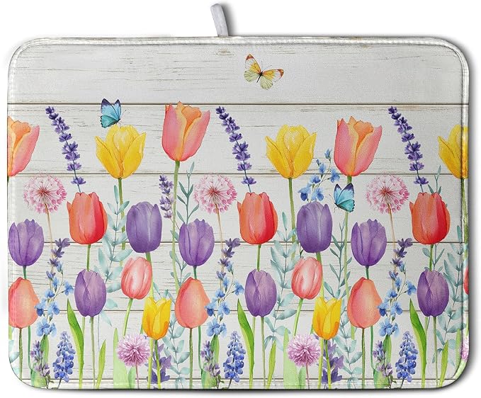 Tulip Floral Dish Drying Mat for Kitchen Counter Watercolor Spring Flower Dish by Kwlegh