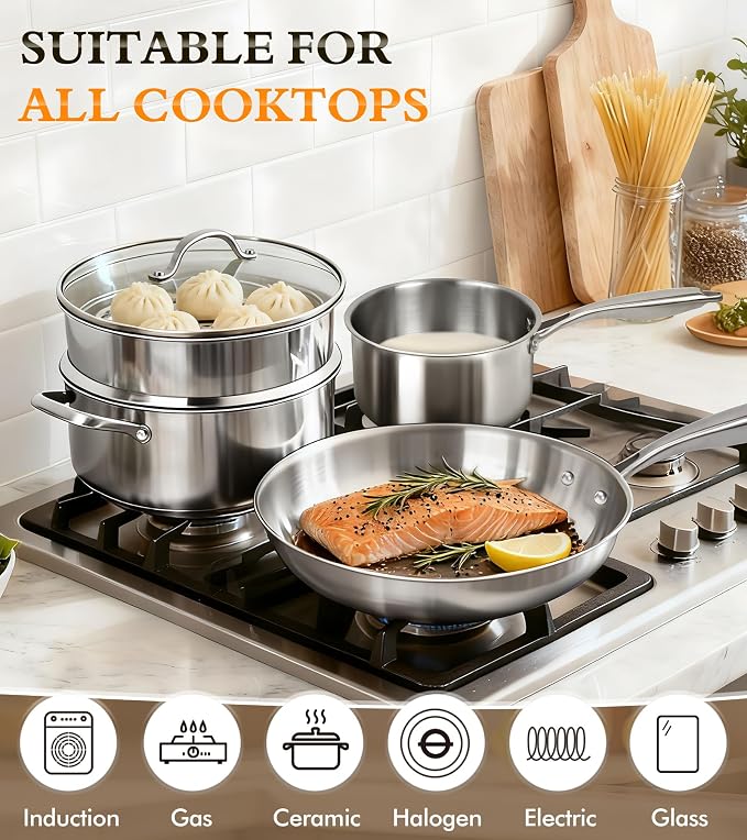 16-Piece Pots and Pans Set, Tri-Ply Stainless Steel Cookware Set - Image 7