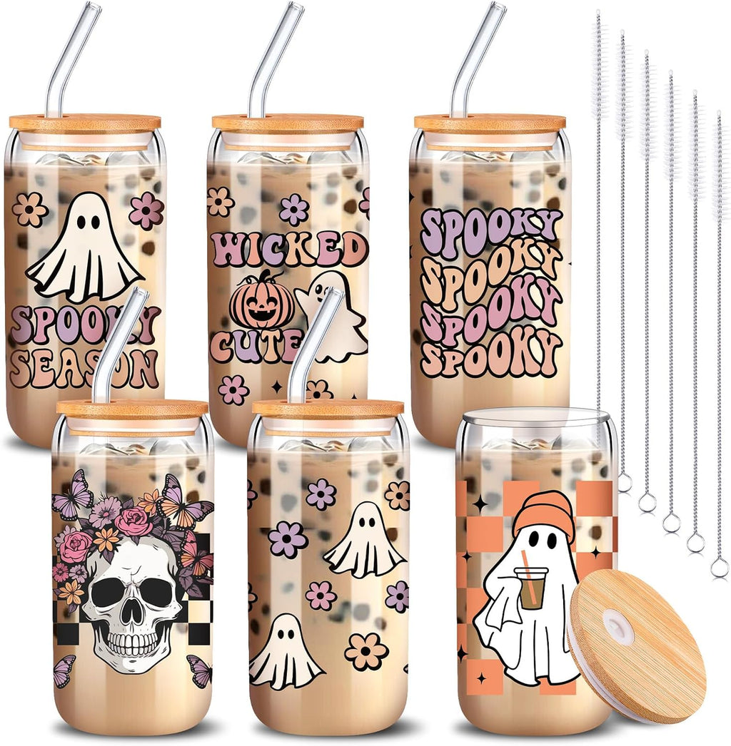 SiliFine 6 Pcs Halloween Glass Cups, 16 oz with Lids and Straws