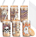 SiliFine 6 Pcs Halloween Glass Cups, 16 oz with Lids and Straws