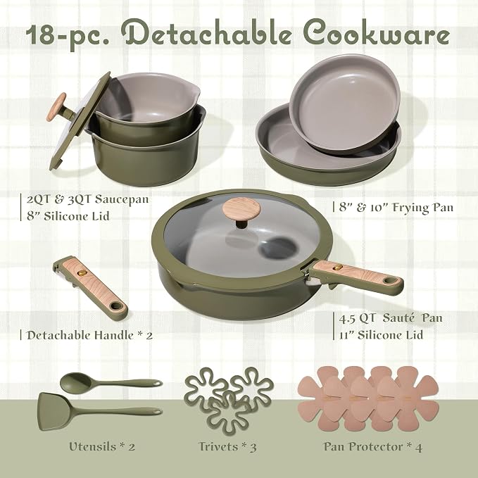 CAROTE 18 Pcs Ceramic Cookware Set Detachable Handle, Non Toxic Pots and Pans - Image 2