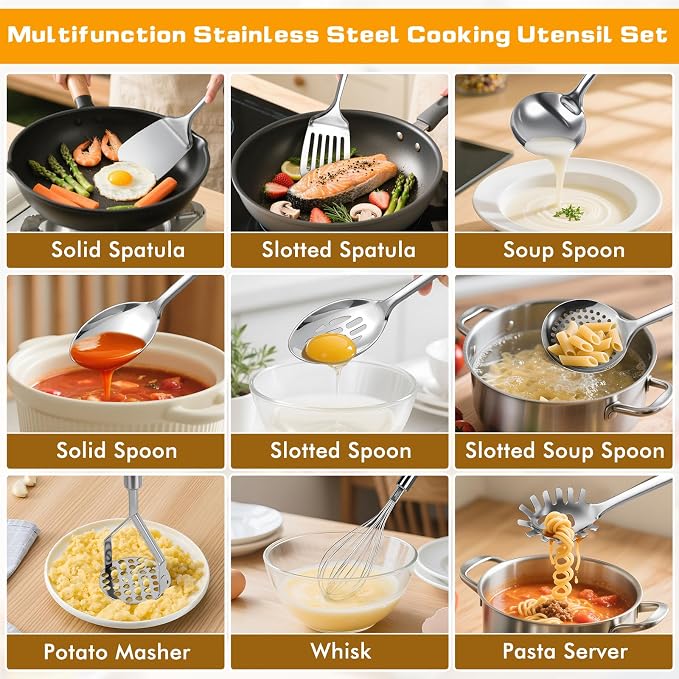 9 Pcs Cooking Utensils Set, Stainless Steel Kitchen Utensils, Heat Resistant - Image 2