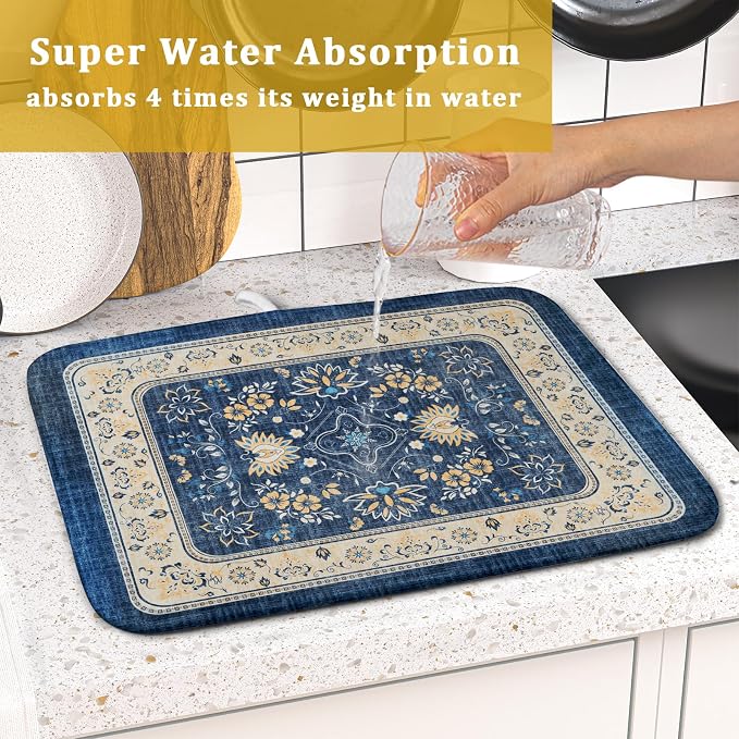 Blue Boho Dish Drying Mat for Kitchen Counter 16x18 Inch Fast Dry Drying Pad - Image 7