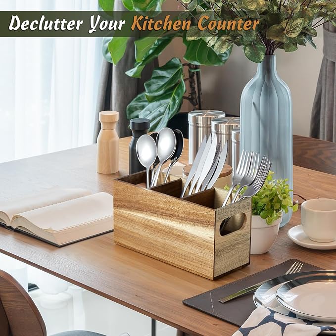 DRASTAR Silverware Holder, Acacia Wooden Utensil Caddy, Cutlery Holder - Image 5