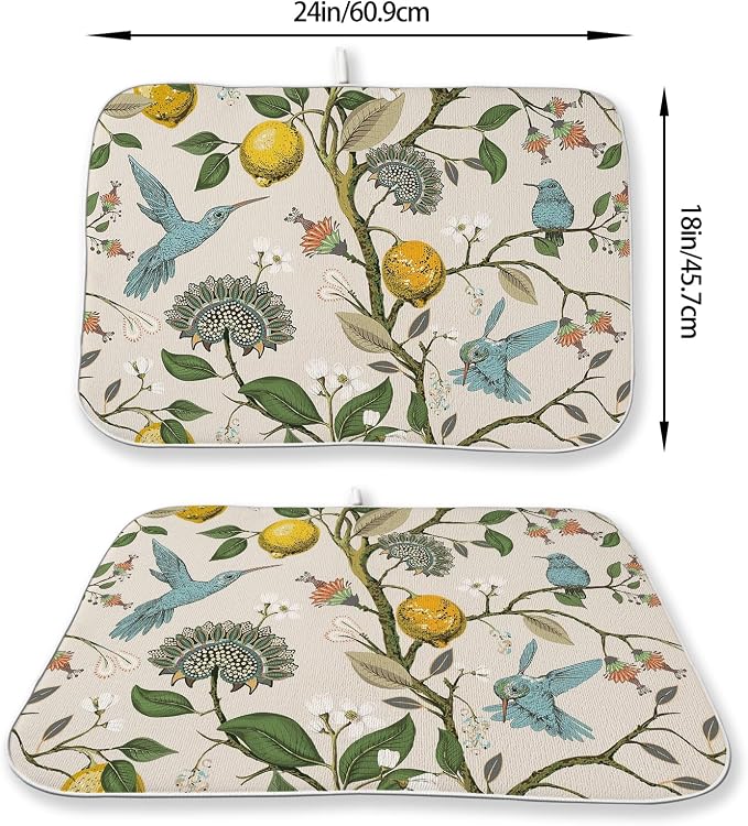 Boho Dish Drying Mat 18x24 Inch Vintage Lemon Floral Blue Bird Drying Mat - Image 2
