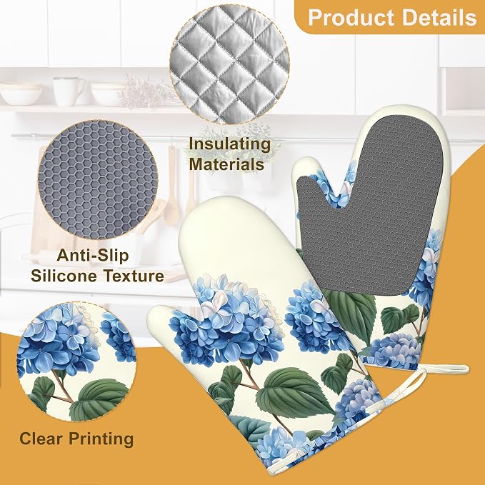 Blue Hydrangea Flower Spring Oven Mitts and Pot Holders Set of 4, Heat - Image 3