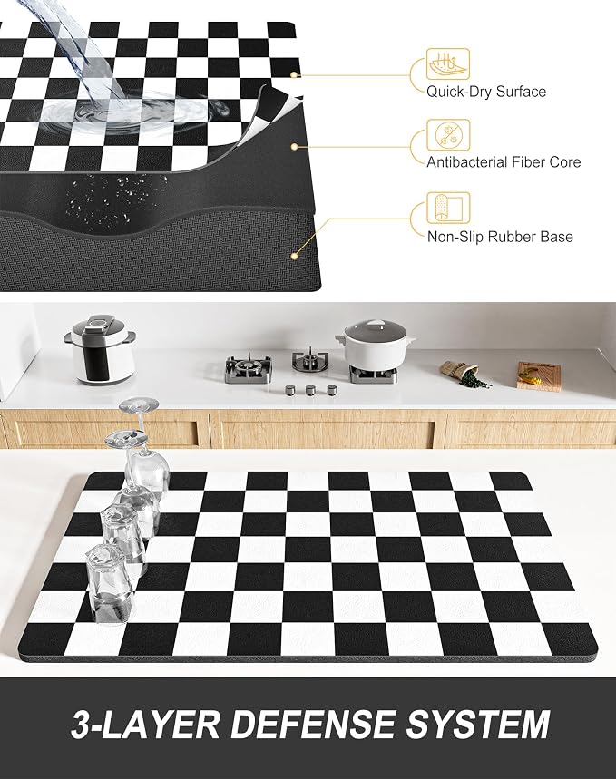 Rnivvi Dish Drying Mat for Kitchen Counter, 12 x 19" Cute Checkered Absorbent - Image 4