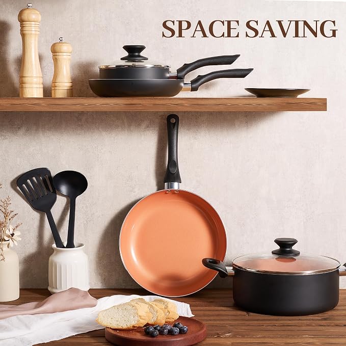 BECIGAR 8pcs Gold Ceramic Pots and Pans Set, Cooking Pan Set, Cooking Pot Set - Image 3