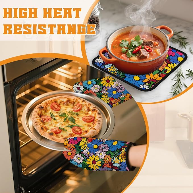 Abstract Hippie Flower Oven Mitts and Pot Holders, Heat Resistant Oven Mitts - Image 6