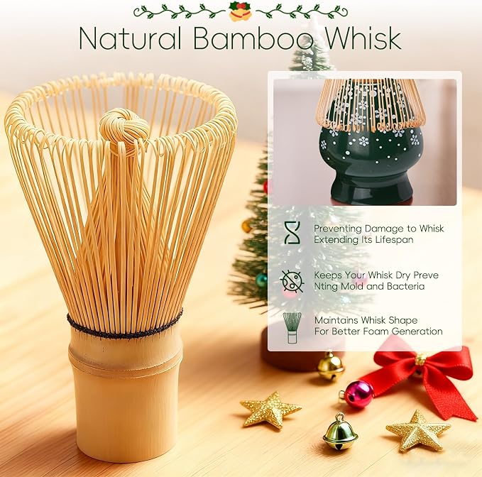 Christmas Matcha Whisk Set, Ceramic Matcha Set Includes Bowl & Holder, Bamboo - Image 4