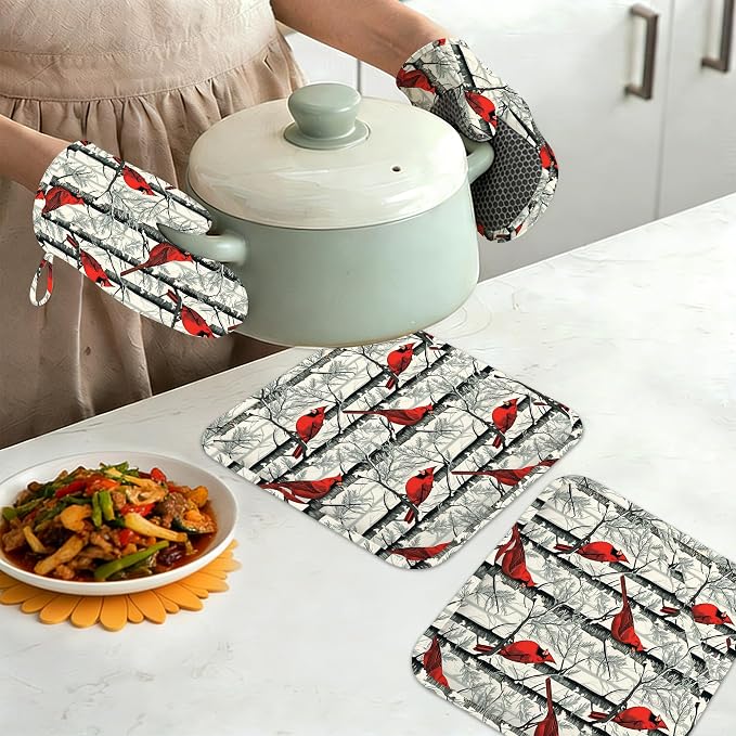 Red Cardinal Birds Oven Mitts and Pot Holders Set of 4, Kitchen Glove Heat - Image 7