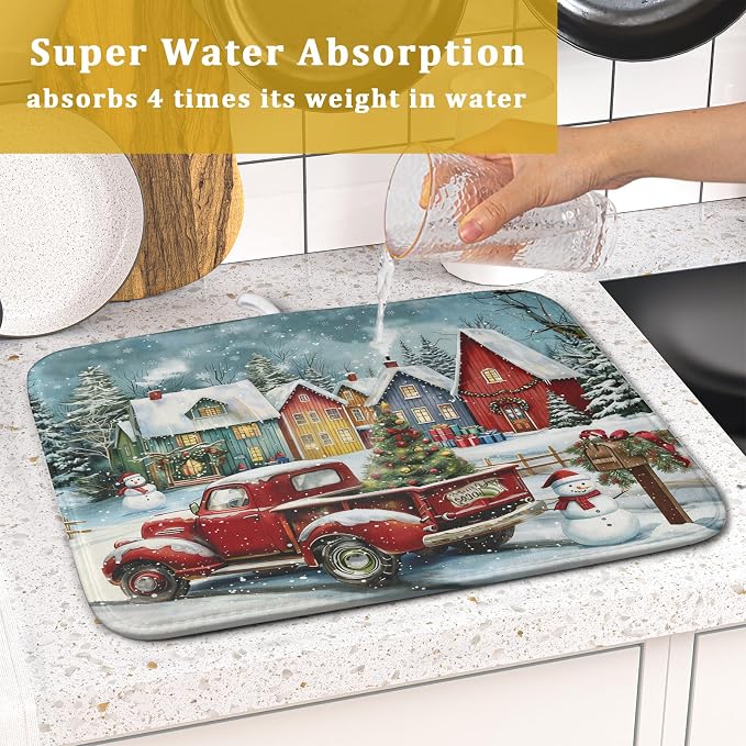 Christmas Dish Drying Mat for Kitchen Counter 18x16 Inch Xmas Red Truck Drying - Image 7