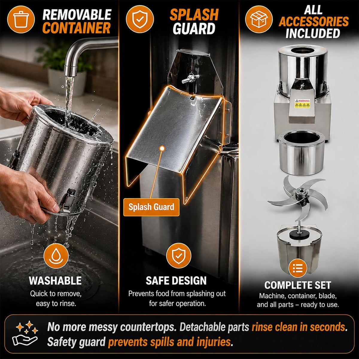 Removable container, splash guard, and components