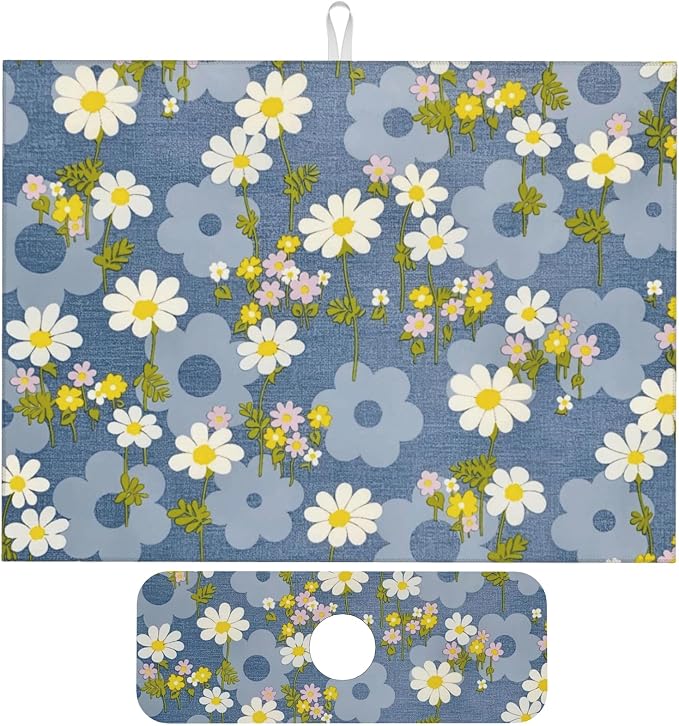 Daisy Flowers Dish Drying Mat for Kitchen Counter, Large Drying Kitchen Mat by Unknown