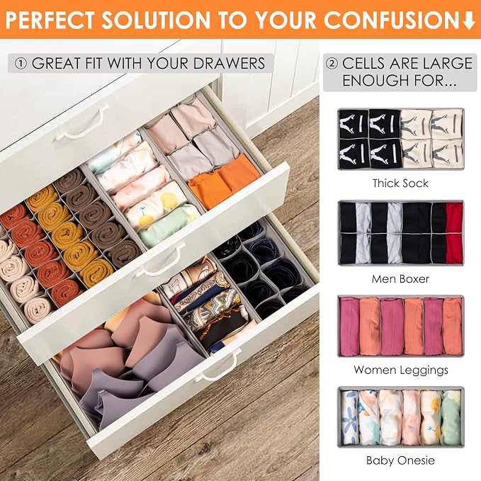 Criusia 6 Pack Sock Underwear Drawer Organizer Dividers, 58 Cell Foldable - Image 3