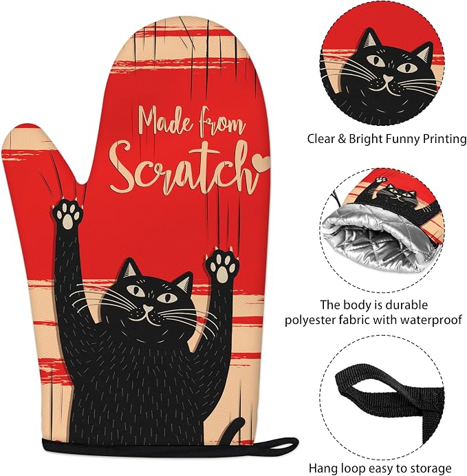 Funny Cat Oven Mitts and Pot Holders Sets Red Black Kitchen Decor Cute Cat - Image 3