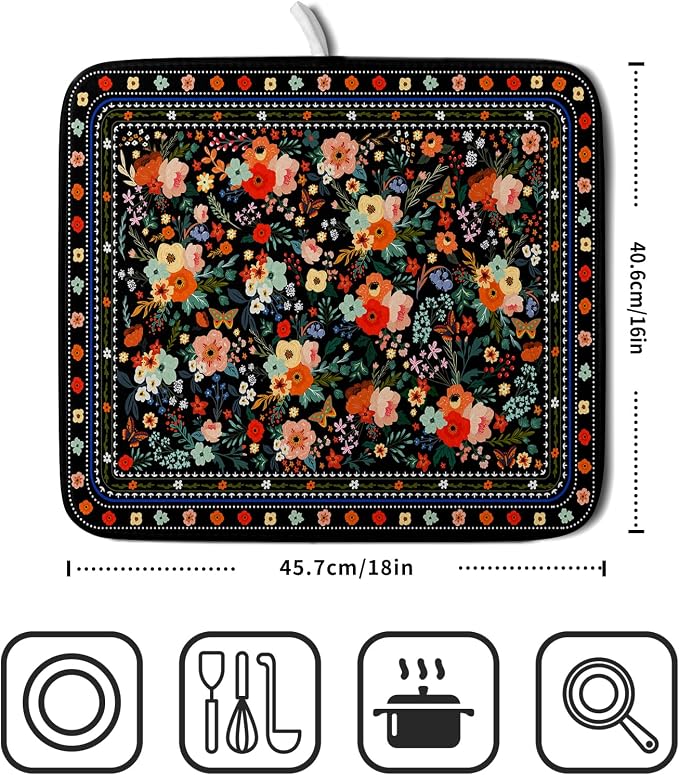 Black Flowers Dish Drying Pad Boho Floral Washable Microfiber Kitchen Mat - Image 2