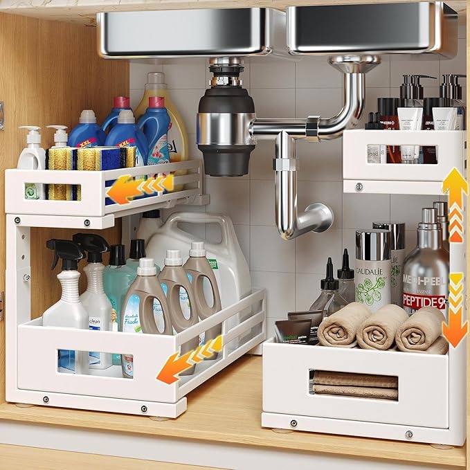 L-Shaped Metal Under Sink Organizer, 2-Tier Double Pull-Out Cabinet Organizer by UnderSinkOrganizer