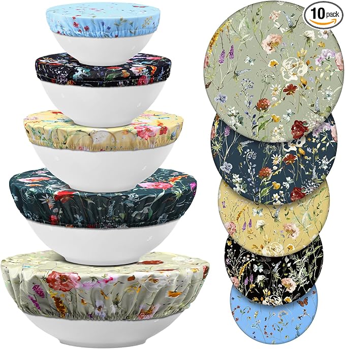 Patelai 10 Pcs Bowl Covers Reusable in 5 Size Stretch Cloth Fabric Elastic Food by Patelai