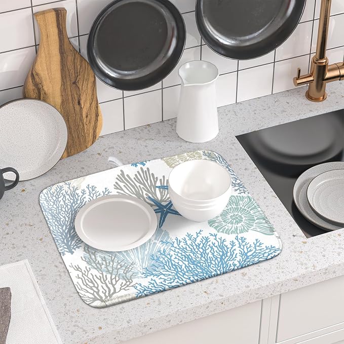 Nautical Dish Drying Mat for Kitchen Counter Coastal Seashell Starfish Summer - Image 6