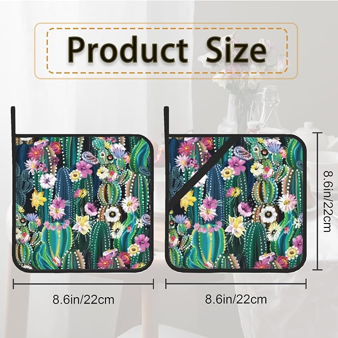 Blooming Cactus Succulents Flowers Pot Holder Set of 2, Heat Resistant - Image 2