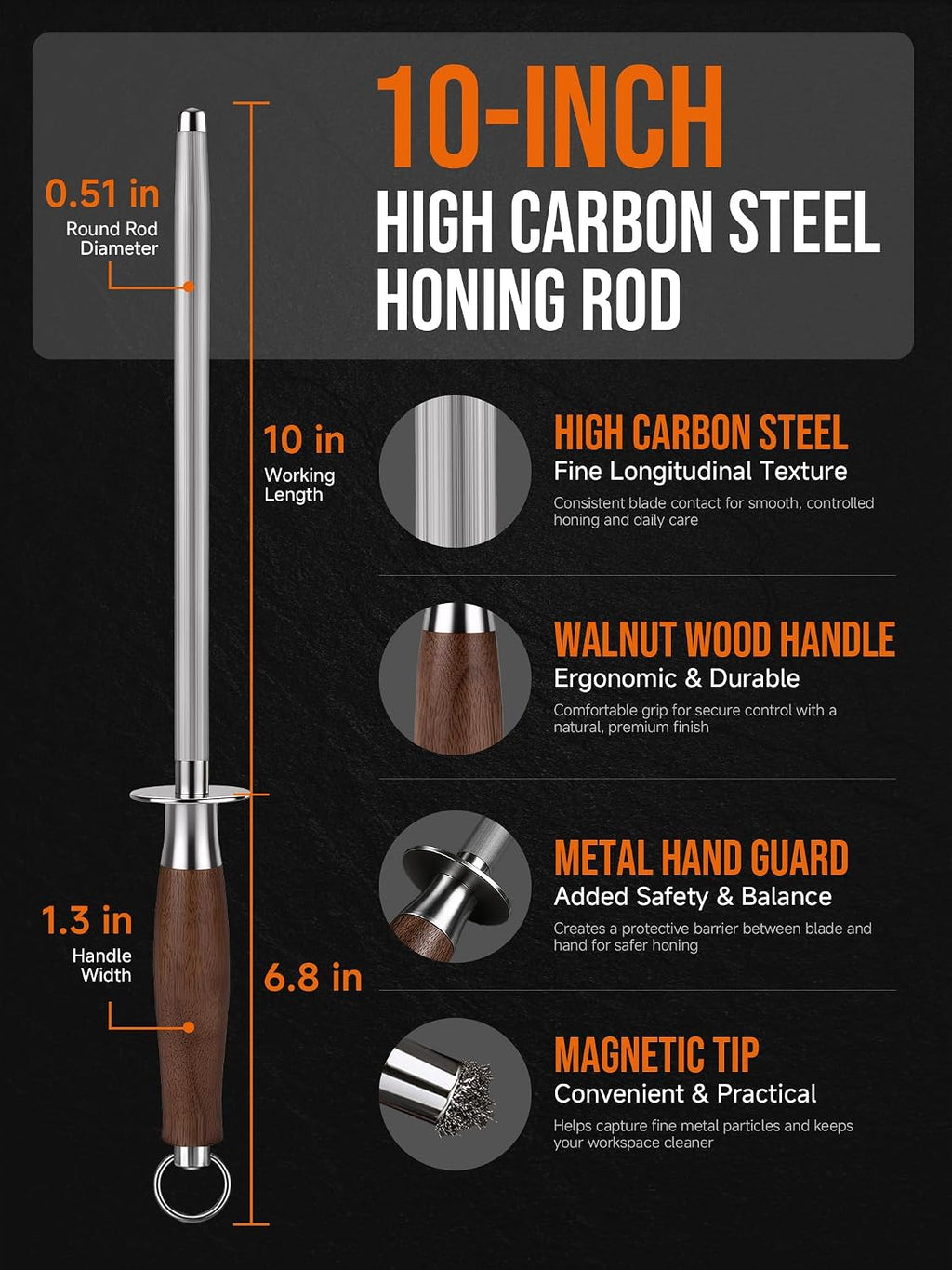 10 Inch Honing Steel for Knives, High Carbon Steel Knife Sharpener Rod