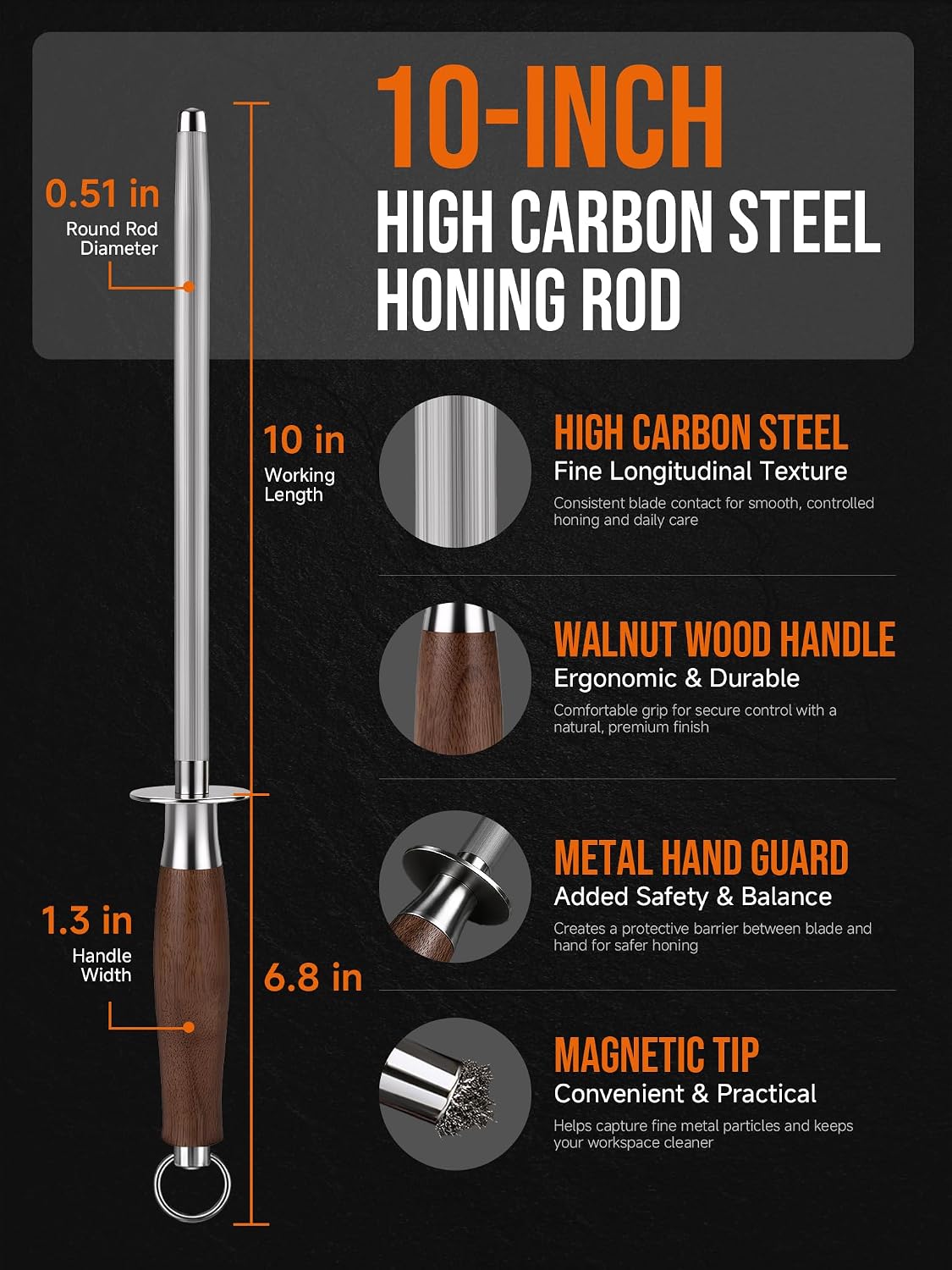 10 Inch Honing Steel for Knives, High Carbon Steel Knife Sharpener Rod