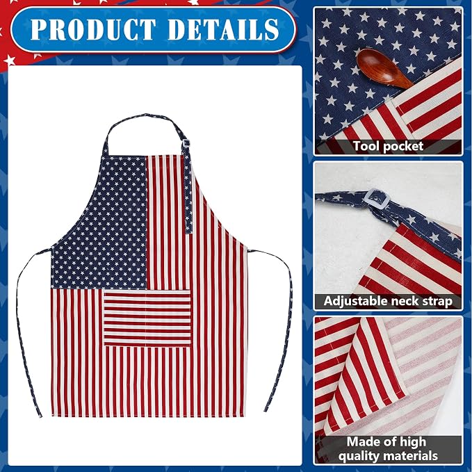 SATINIOR USA 4th of July Flag Kitchen Chef Hat Adjustable Apron 250th - Image 3