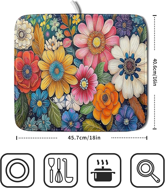 Giwawa Boho Flower Dish Drying Mat, Colorful Floral Leaf Dish Drainer Mats - Image 2