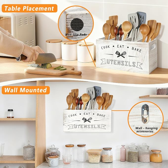 Large and Durable Retro White Wooden Kitchen Utensil Holder - Image 3