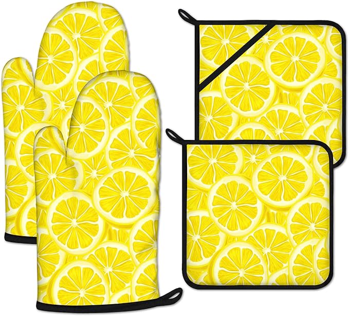 Watercolor Lemon Oven Mitts and Pot Holders Sets Heat Resistant 4Pcs Potholders by ANTJOO