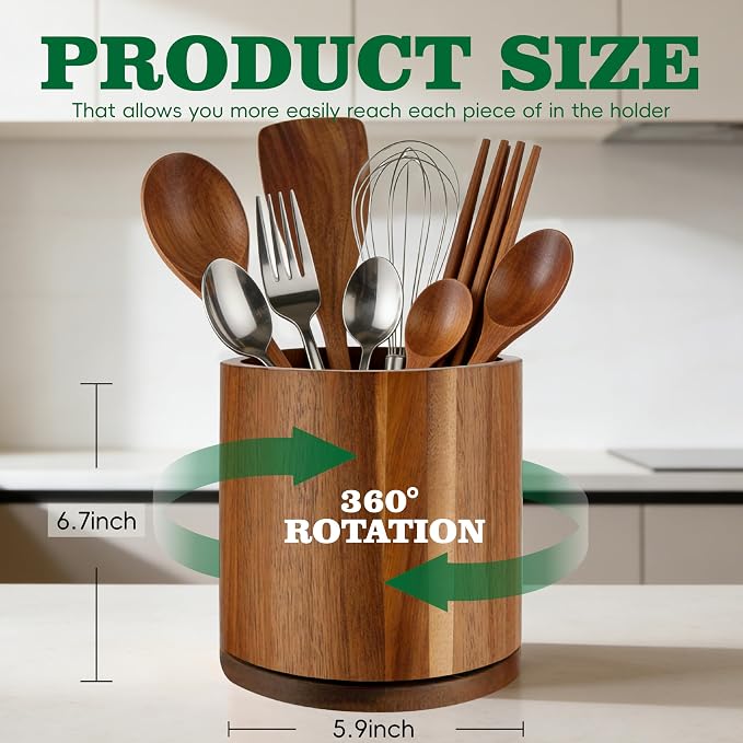 Acacia Wood Utensil Holder 360°Rotating Anti-Tip Design - Image 2