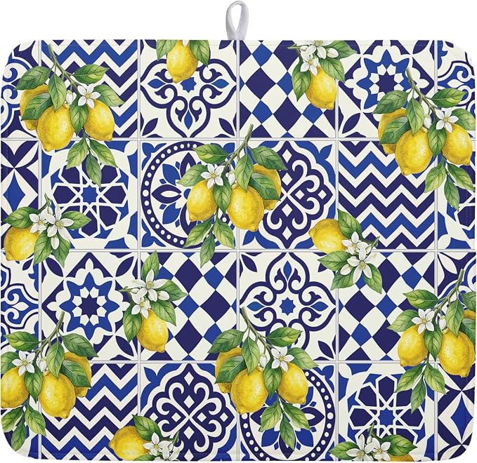 Lemon and Blue Tile Dish Drying Mat 16x18 Inch Absorbent Reversible Mexican by Kawani