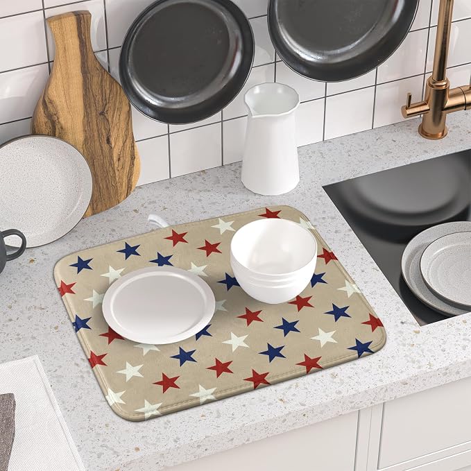 Patriotic July of 4th Blue Red White Star Dish Drying Mat - Image 6
