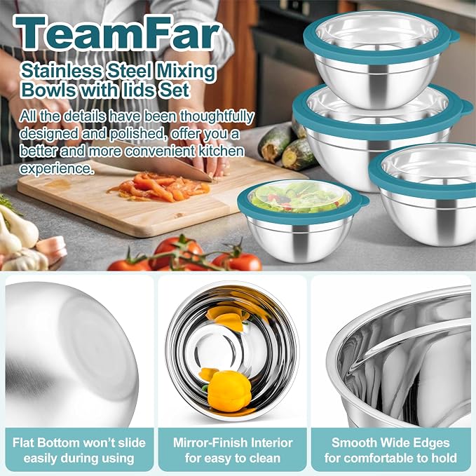 TeamFar Mixing Bowls Set, 4.5/3/1.5/1/0.7 QT Stainless Steel Nesting Salad Bowls - Image 5