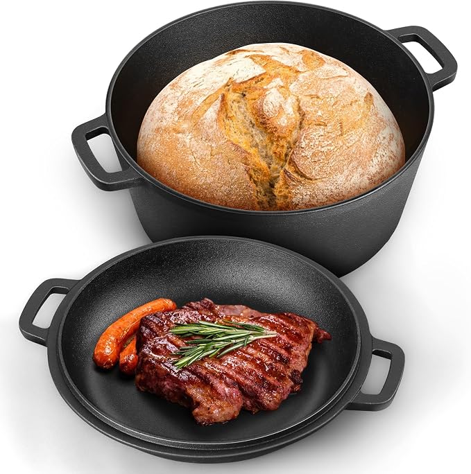 P&P CHEF 5Qt Dutch Oven Pot for Bread Baking, 2 In 1 Round Cast Iron Dutch Oven by PPCHEF
