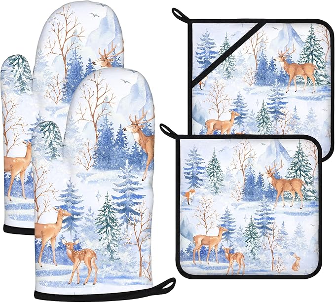 Deer Mitts and Pot Holders Sets 4Pcs, Extra Long Oven Gloves Potholder by VisittheDuibelproduct