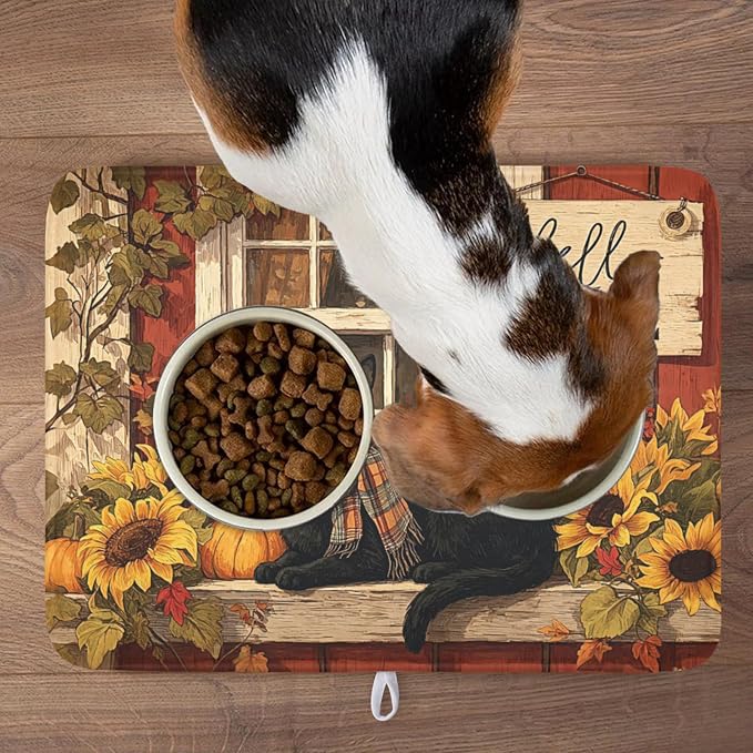 Fall Dish Drying Mat for Kitchen Counter Vintage Autumn Cat Sunflower Pumpkin - Image 9