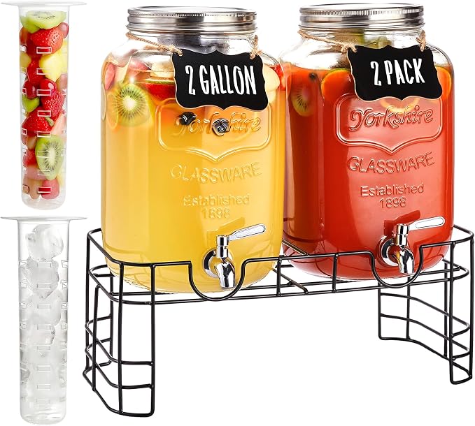 2 Gallon Large Glass Drink Dispenser Set, 2 Pack Beverage Dispensers by JILLSKY