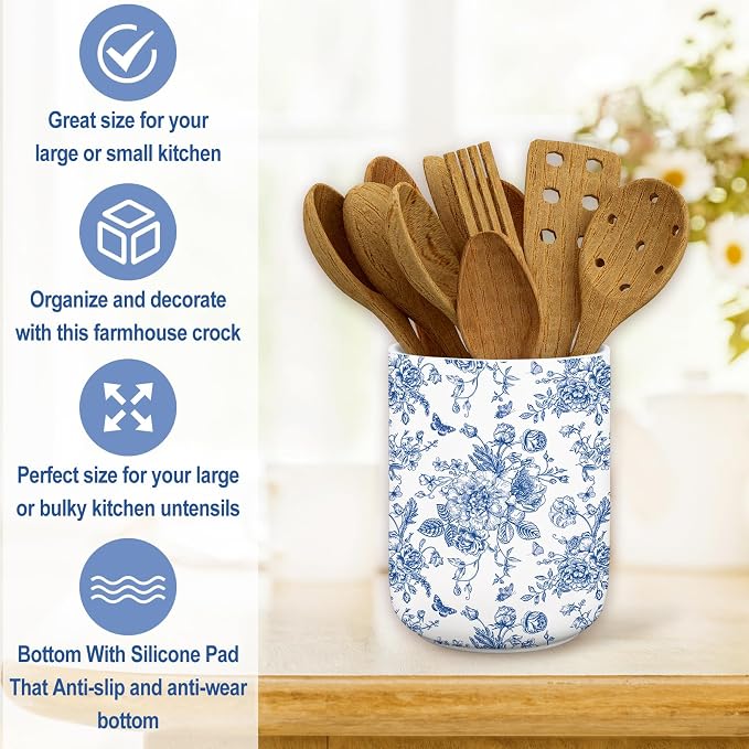 JarThenaAMCS Chinoiserie Floral Ceramic Utensil Holder Blue Flower Butterfly - Image 5